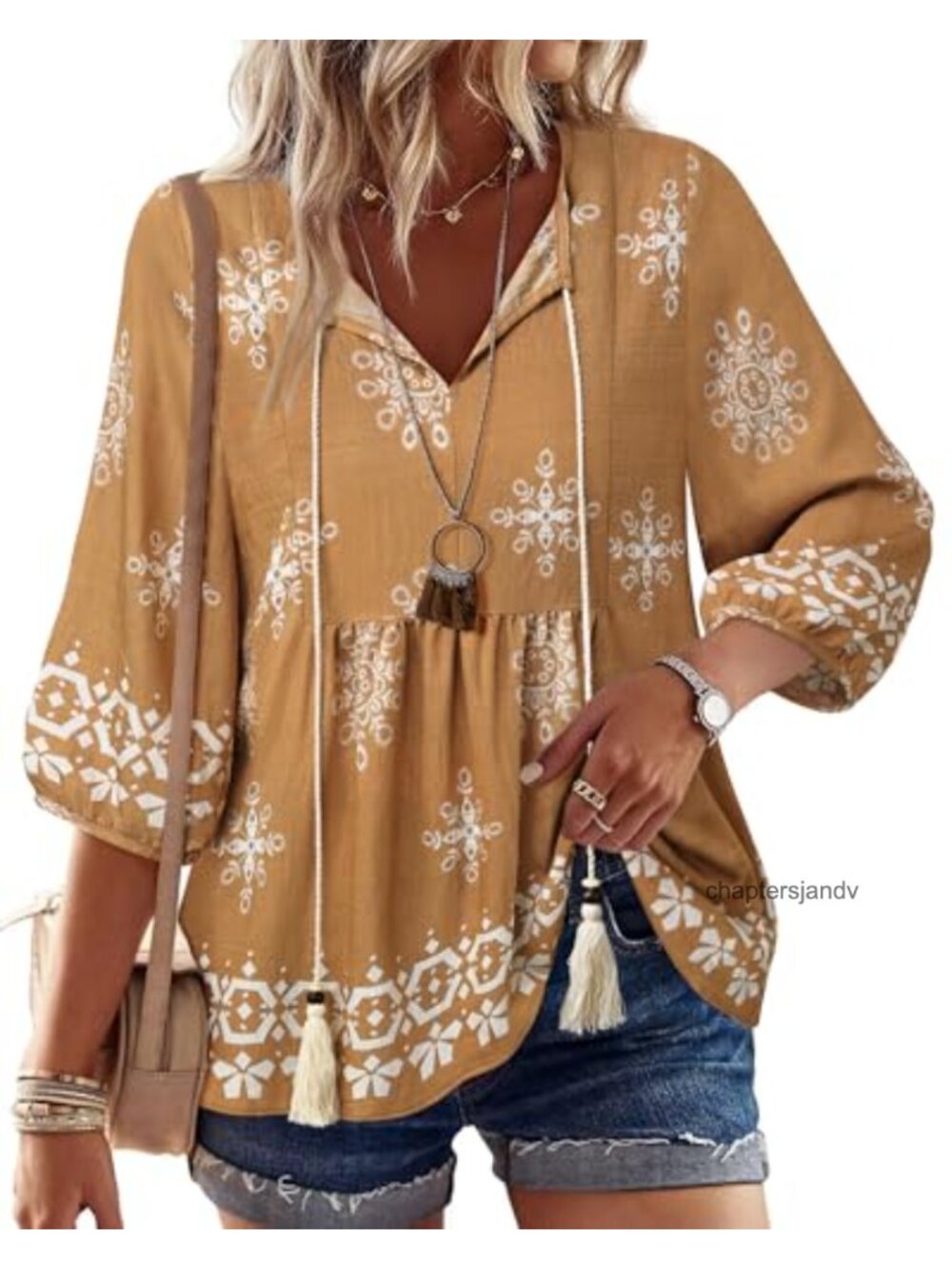 Boho Floral Babydoll Tunic Top 3/4 Sleeve Peplum Blouse V-Neck Tie Front Casual
